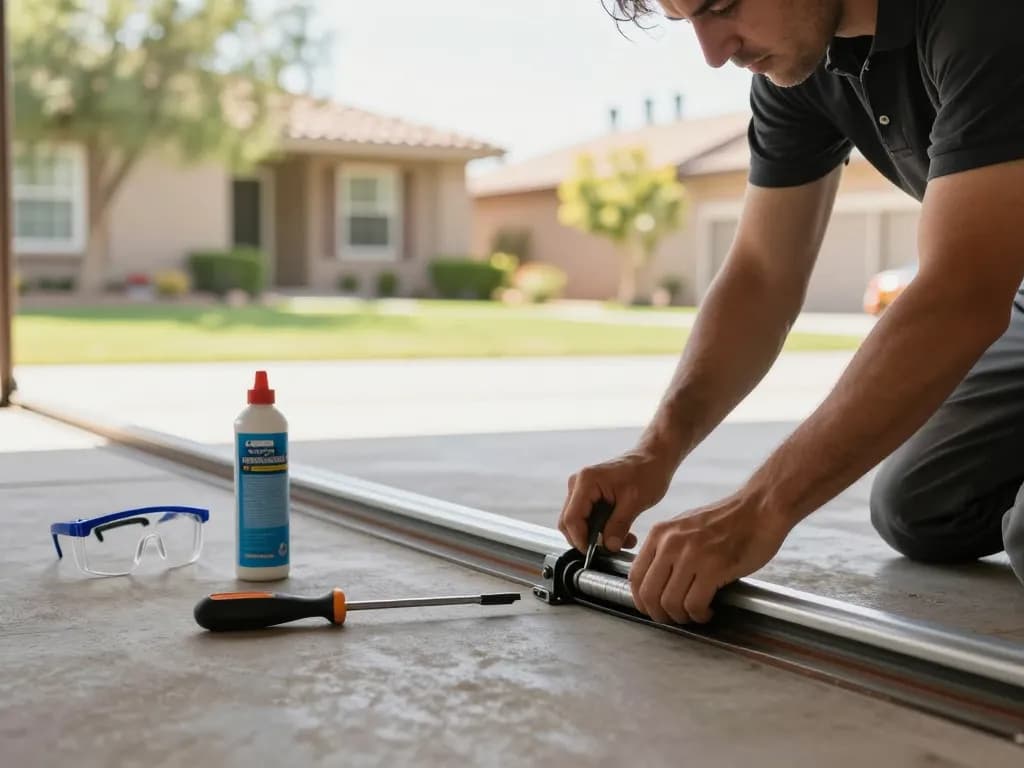 Expert technician performing garage door maintenance Scottsdale AZ in a bright residential garage.