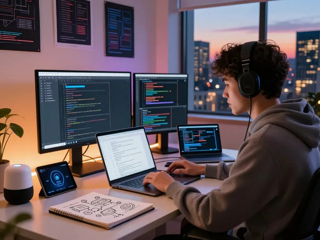 Moltbot AI developer workspace with coding tools and vibrant city view at dusk.