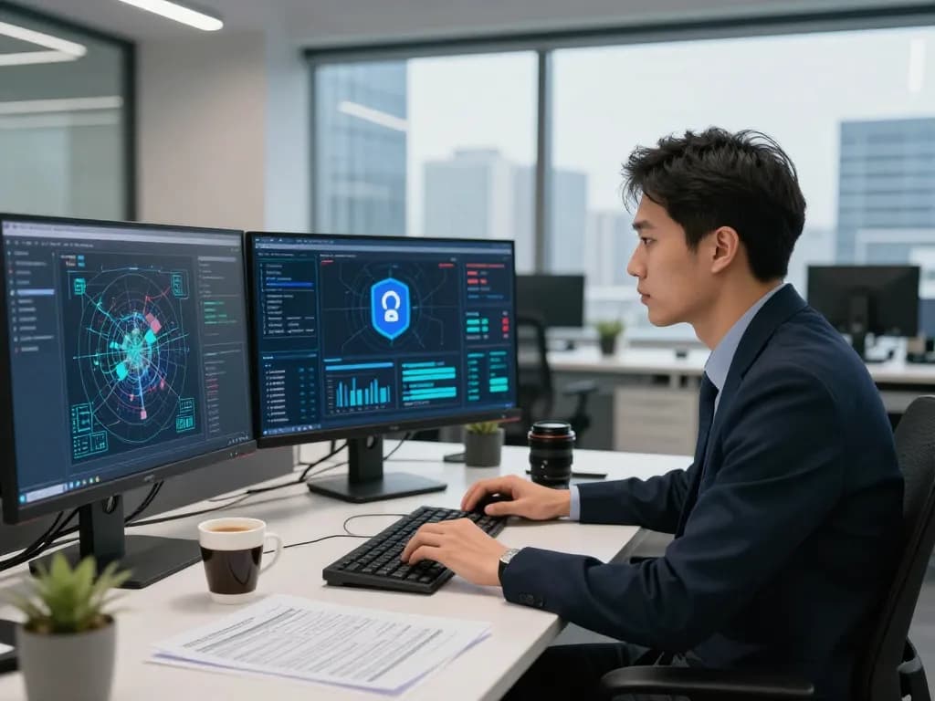Cybersecurity analyst tackling security challenges in a modern office with multiple monitors and threat data.