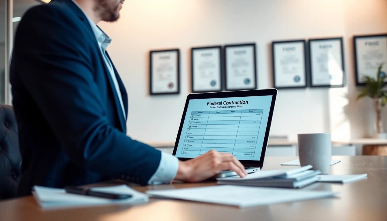 Showing the process of Registration and certification in Federal databases for federal contracts in a modern office.