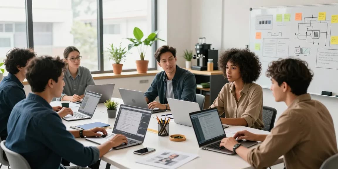 Freelancers collaborating in a workspace to strengh up your portfolio effectively, surrounded by laptops and brainstorming materials.