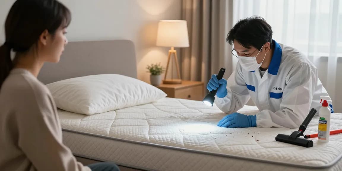 Technician performing bed bug pest control in a residential bedroom, inspecting a mattress.