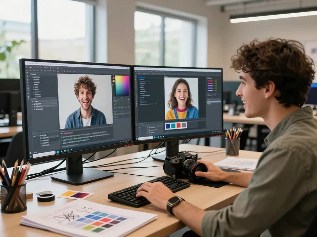 Creative professional using an image to prompt generator in a modern workspace.