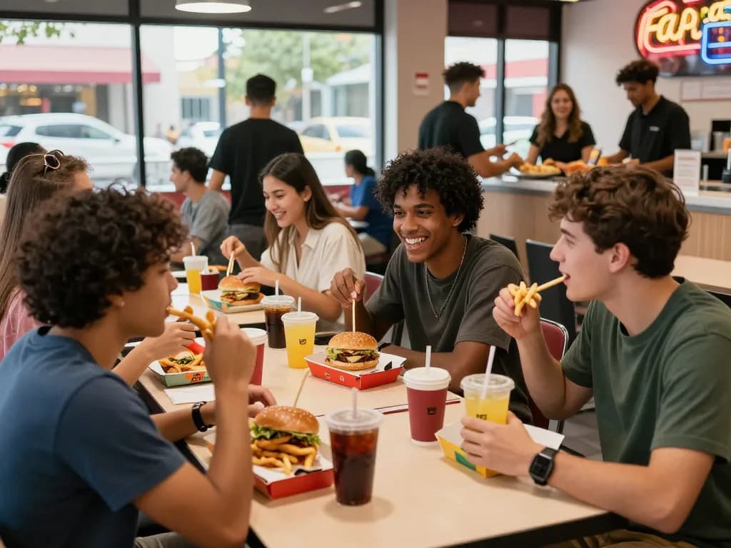 Friends enjoying various meals highlighting fast food prices in a lively restaurant setting.