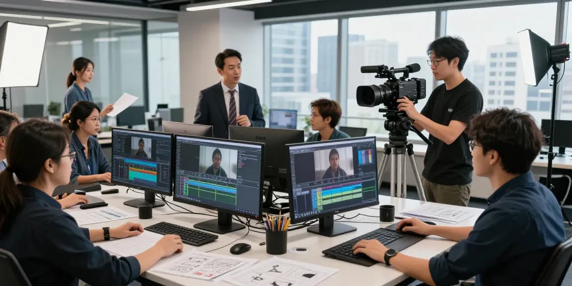 Best corporate video production company Singapore team collaborating in a modern studio, showcasing creative processes and teamwork.