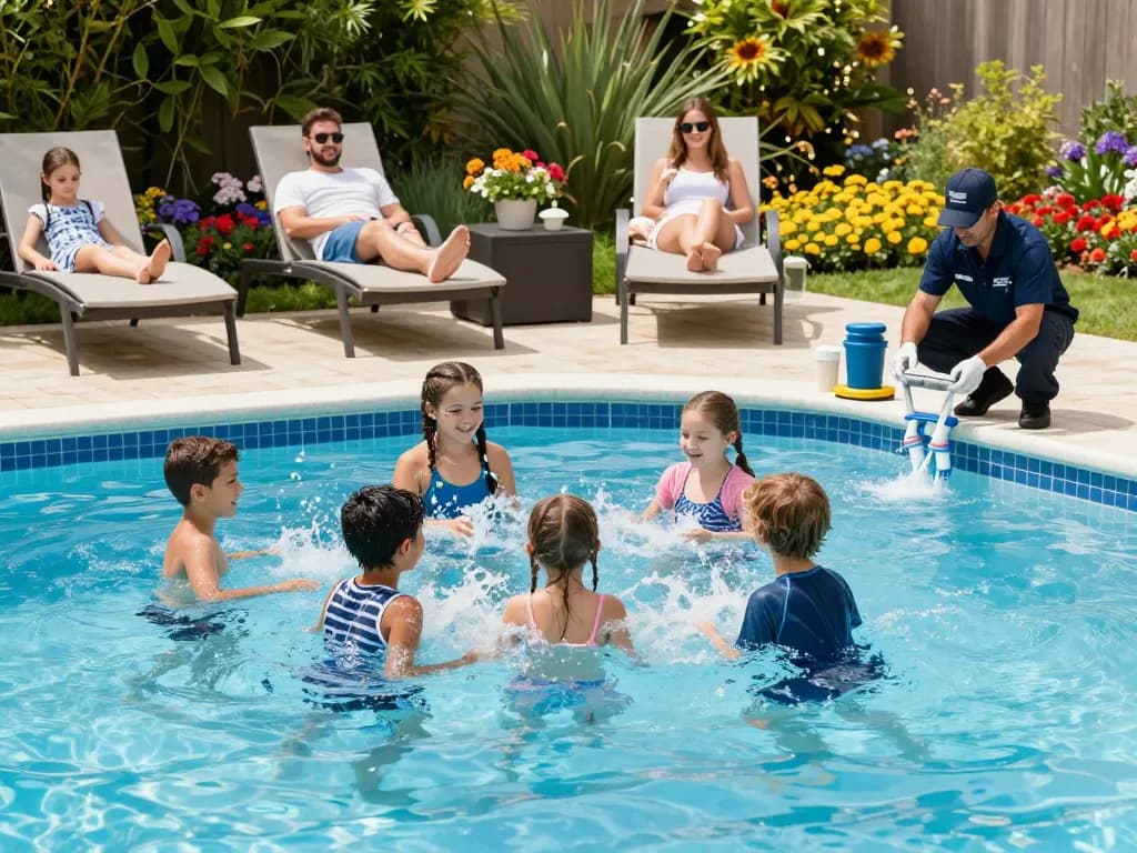 Dolphin Pool Services family enjoying a clean, well-maintained pool with vibrant flowers and a technician nearby.