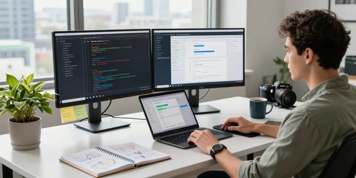 Workspace of a developer coding messaging app, showcasing technology and creativity with 纸飞机中文版官网 concept.