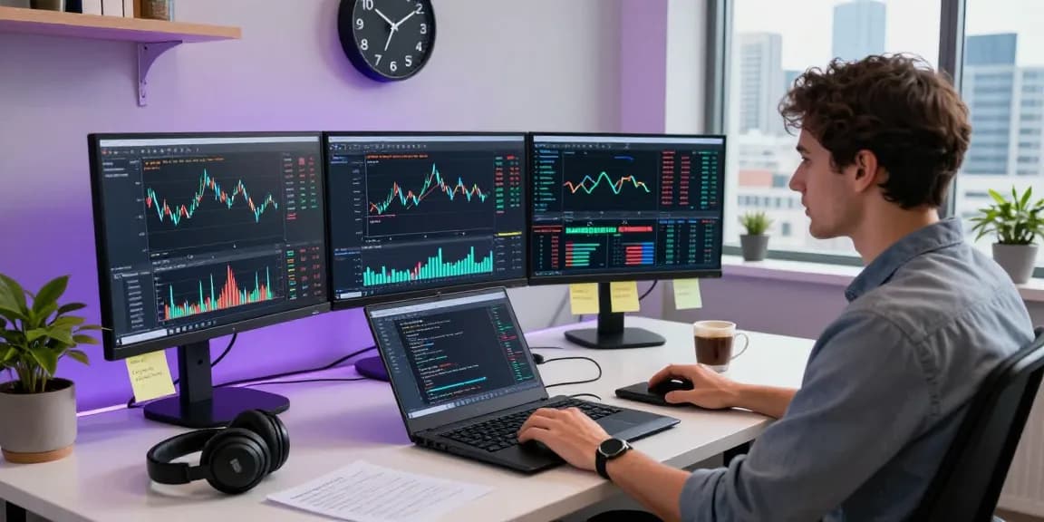 Developer working with forex high frequency tick API on multiple monitors in a modern workspace