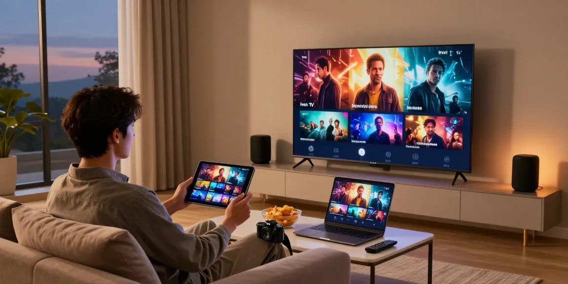 Enjoying high-quality streaming with Iron TV on a smart TV in a cozy living room setting.