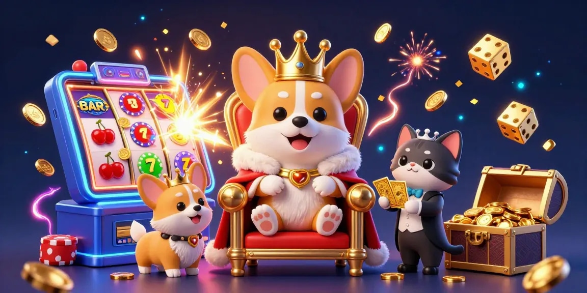Spin and win with luxury12 link alternatif in an energetic casino scene featuring a royal corgi, slot bursts, and golden treasures.