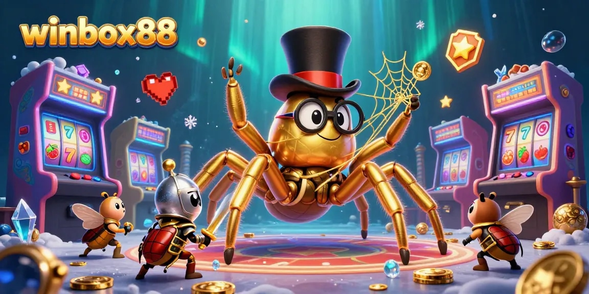 Experience winbox88 with 3D illustrations of a golden tarantula, beetle knight, and casino-themed game elements.