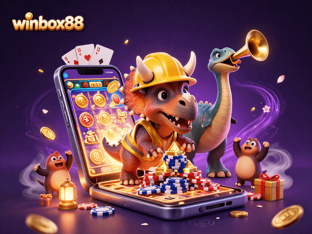 winbox88 features a festive game scene with a celebrating triceratops and slot treasures.