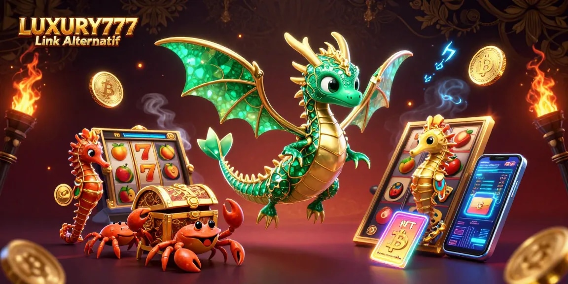 Menangkan permainan dengan LUXURY777 Link Alternatif dan simbol slot berkilau dalam ilustrasi kasino yang megah.