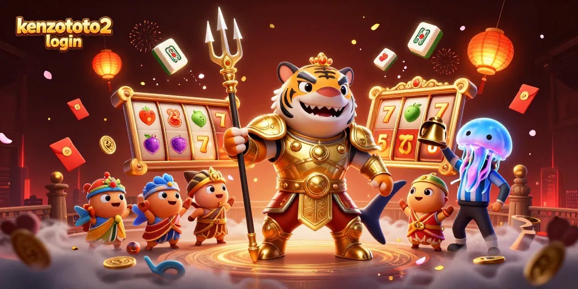 Mengakses kenzototo2 login dengan ilustrasi kartun 3D yang menampilkan hiu kartun garang dalam armor gladiator emas di koloseum bawah laut, dikelilingi simbol mesin slot.