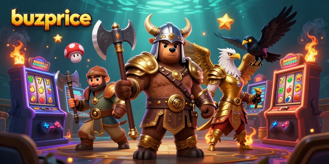 buzprice offers epic slots and jackpots, featuring a Viking bear and Valkyrie eagle in action.