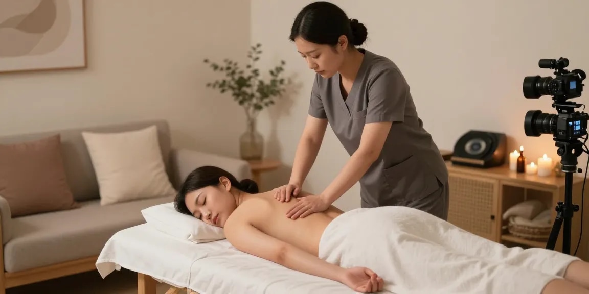 광명출장마사지로 편안한 집에서의 마사지 장면, 전문 마사지사가 고객에게 아로마 테라피를 제공 중입니다.