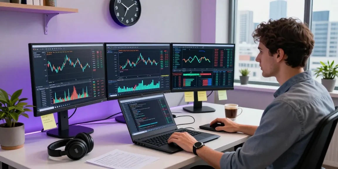 Developer working with forex high frequency tick API on multiple monitors in a modern workspace