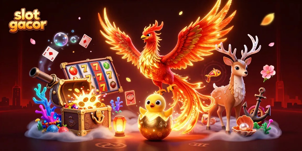Enjoy slot gacor action with a phoenix duo amidst dazzling casino elements in dynamic illustration.