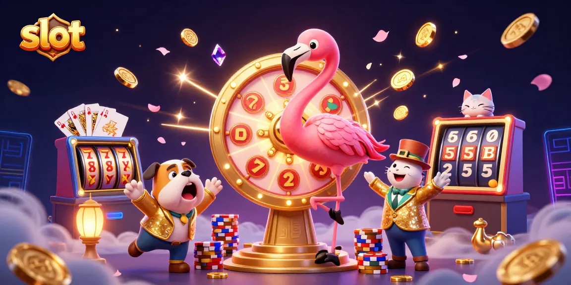 Spin the slot reels with excitement as golden prizes and animated characters energize the casino scene.