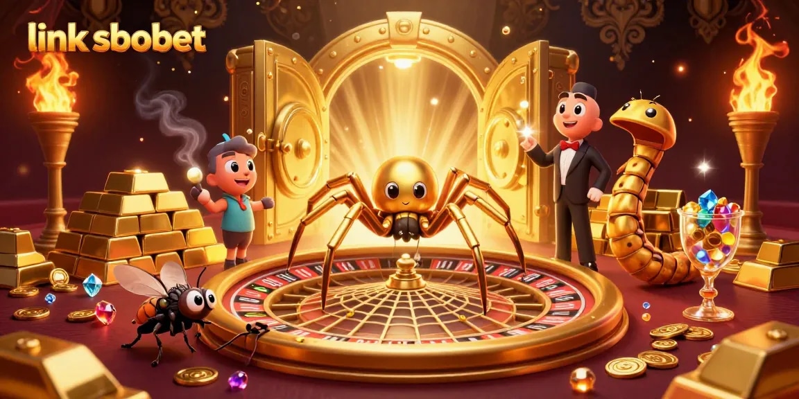 Place bets with link sbobet in this vibrant 3D casino scene featuring gold, gems, and excitement.