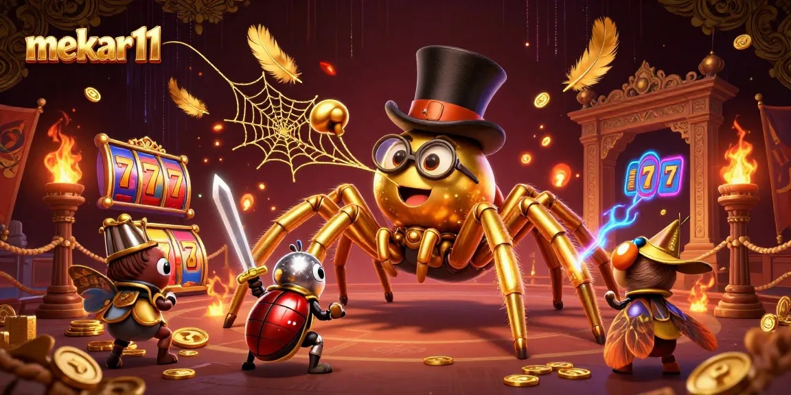 Experience thrilling gameplay at mekar11 with vibrant slot reels and a golden tarantula!
