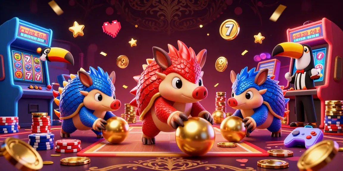 Mekar11 features engaging rival pangolins bowling through poker chips, representing exciting online slot gameplay.