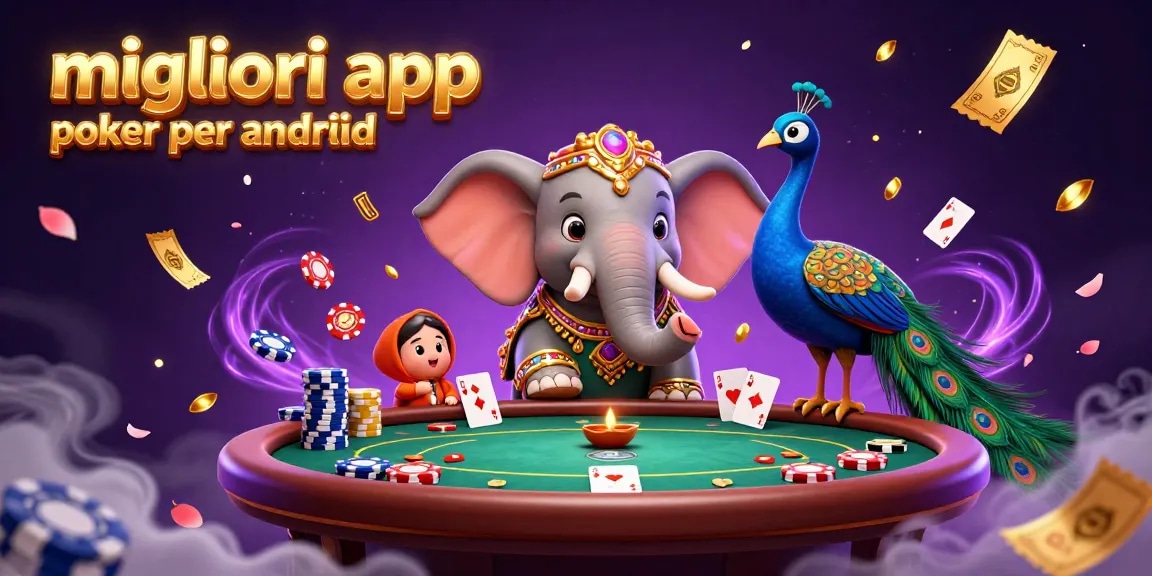Migliori app poker per android mostrano un elefante colorato circondato da chip da poker e carte.