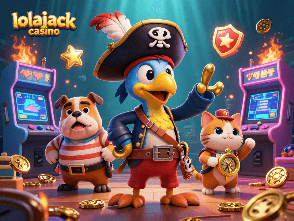 Engage in thrilling gaming adventures at lolajack casino with a pirate captain and his crew amidst vibrant arcade elements.