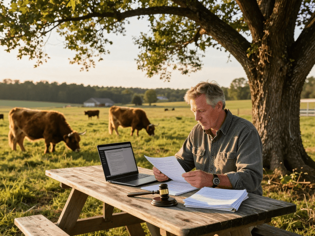 Stephen Gleave Ancaster working outdoors on a legal case surrounded by nature and Highland cattle.