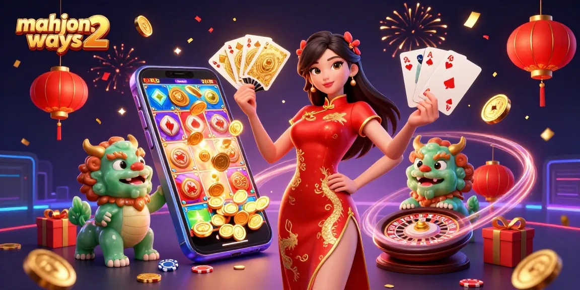 Experience mahjong ways 2 with a vibrant scene featuring a 3D woman and casino elements.