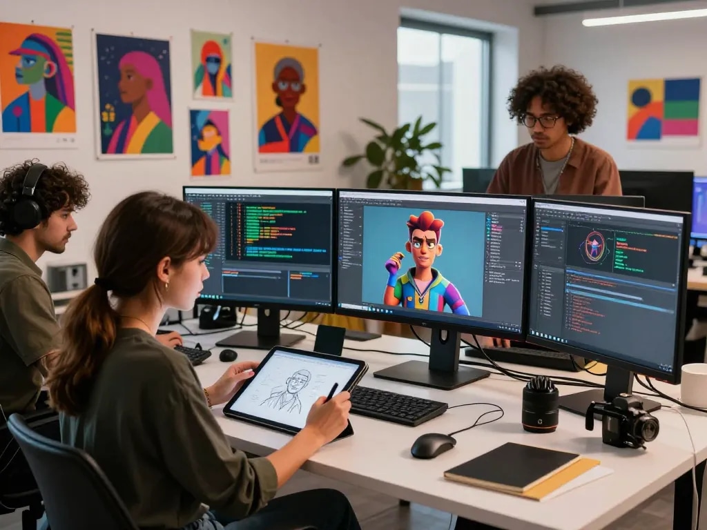 Artists collaborating on NSFW AI project with digital tools and vibrant studio setting