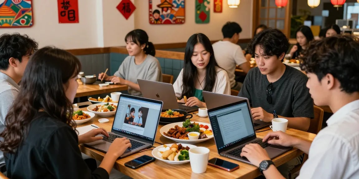 Engaged group exploring Asian culture on https://hanadultalk.com in a cozy cafe setting.