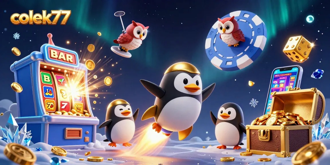Experience the thrill of colek77 with a vibrant casino-themed 3D scene featuring a golden penguin and jackpot elements.