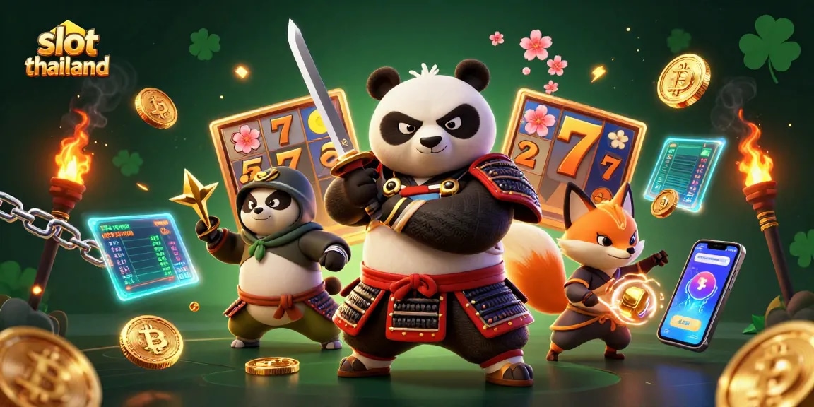 Engage in thrilling slot thailand adventures with dynamic samurai and ninja characters amidst vibrant casino elements.