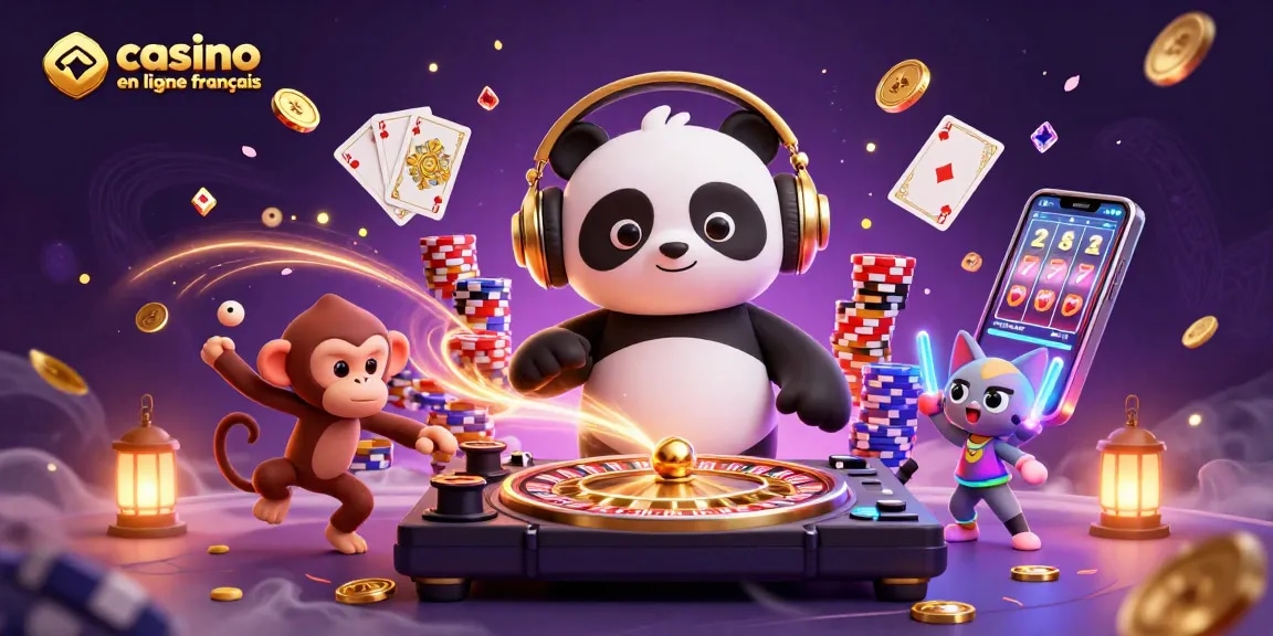 Illustration dynamique avec DJ panda, singe dansant et chat rave pour casino en ligne français.