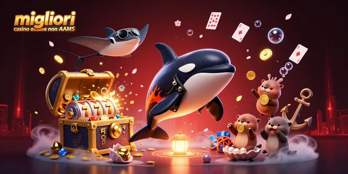 I migliori casino online non AAMS mostrano un orca e varie creature marine mentre si divertono con monete d'oro.