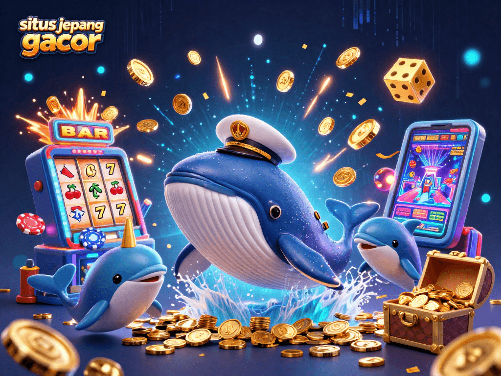 Engage with situs jepang gacor in a vibrant scene featuring playful dolphins, a captain whale, and a jackpot explosion.
