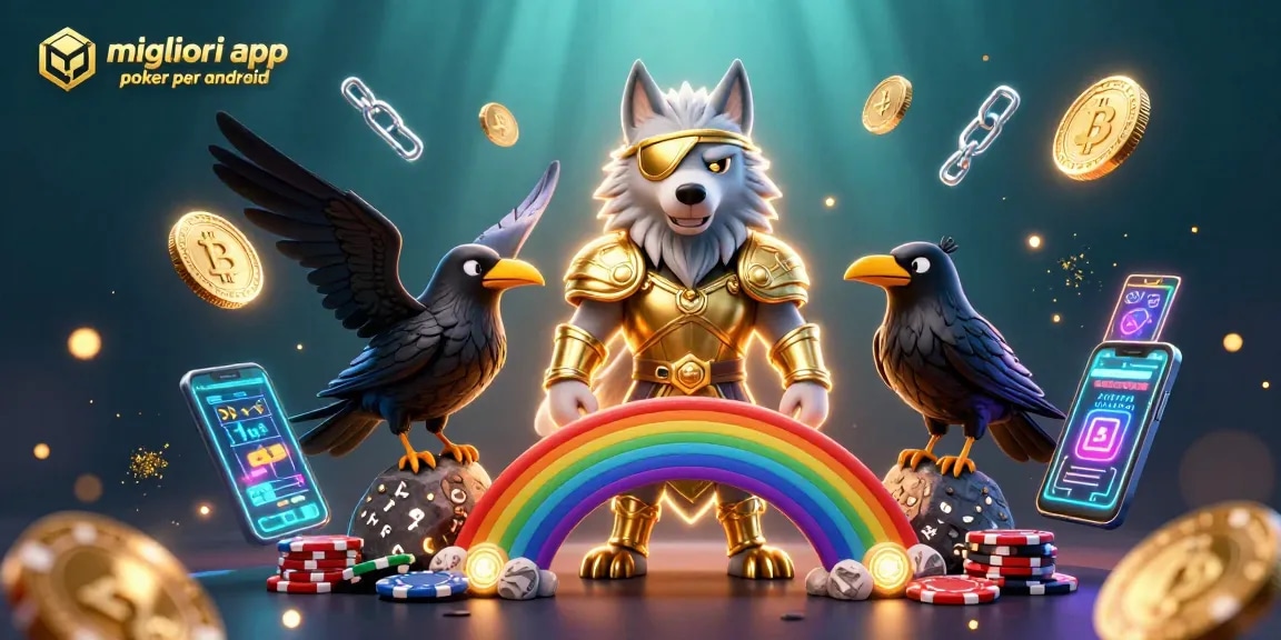Esplora le migliori app poker per android in un'illustrazione 3D di alta qualità, con personaggi mitologici e chip da poker.
