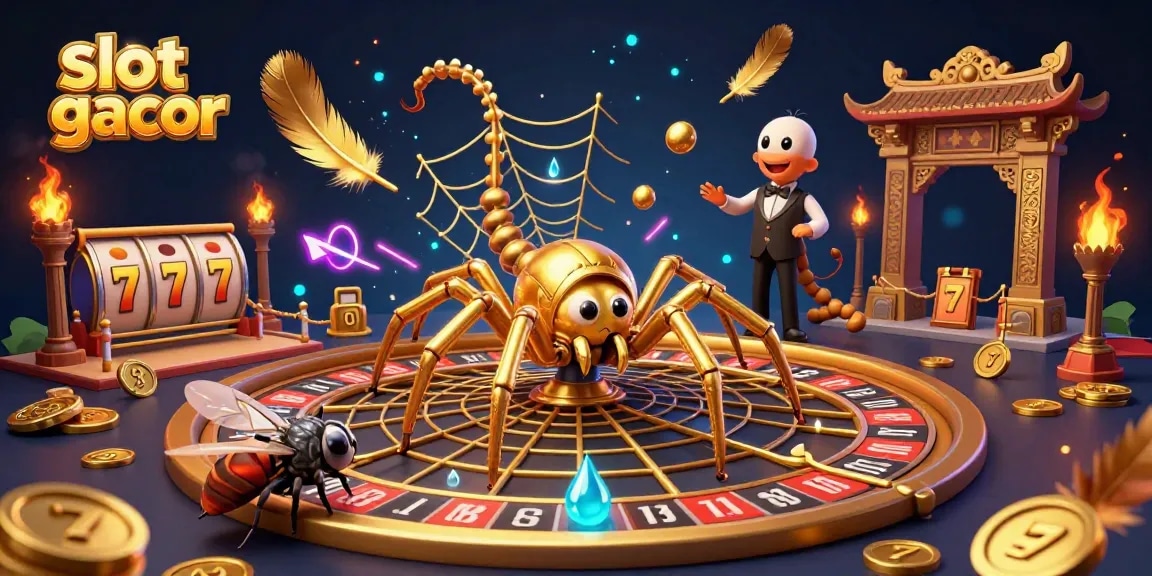 Spin and win with slot gacor as a dynamic spider weaves its web in an exciting 3D casino scene.