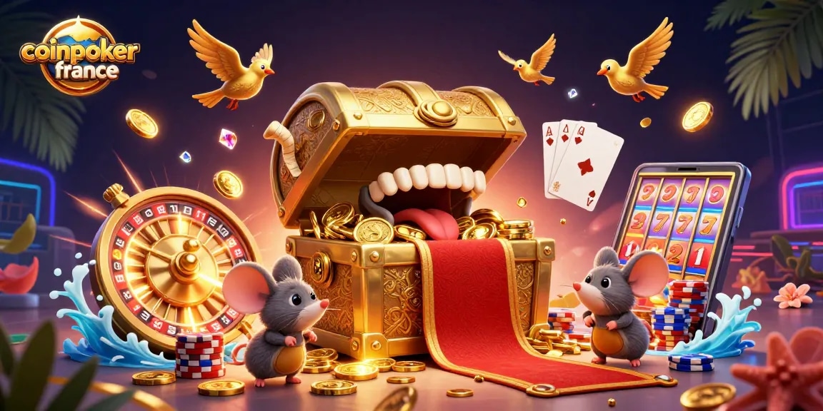 Découvrez CoinPoker France avec une scène dynamique de casino rempli de trésors et de jeux captivants.