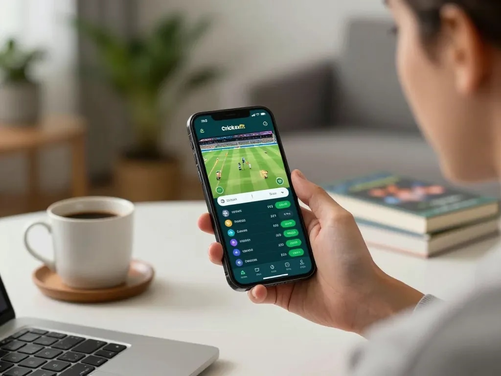 Crickexfit user placing live cricket bets on mobile, showcasing home gaming environment and app interface.