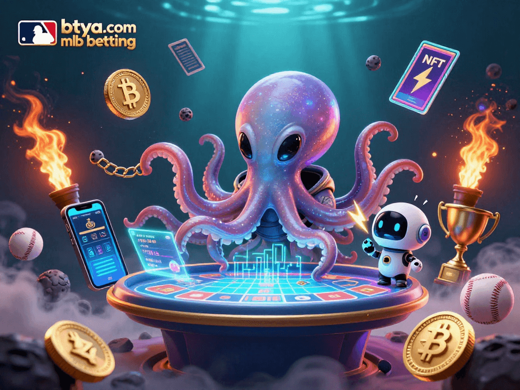 Engage in betya.com mlb betting with this vibrant illustration of a playful alien octopus at a holographic betting table.