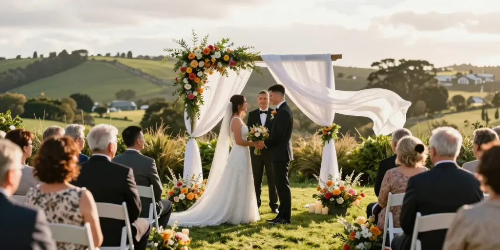 Dunedin wedding photographer capturing a couple's vows amidst a beautiful outdoor ceremony setup.