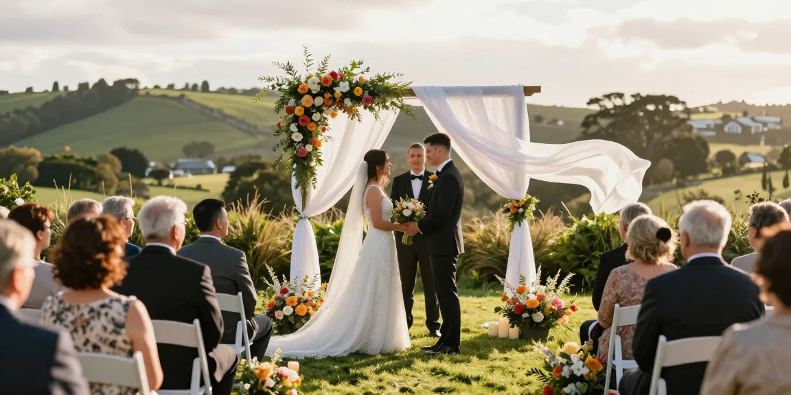 Dunedin wedding photographer capturing a couple's vows amidst a beautiful outdoor ceremony setup.