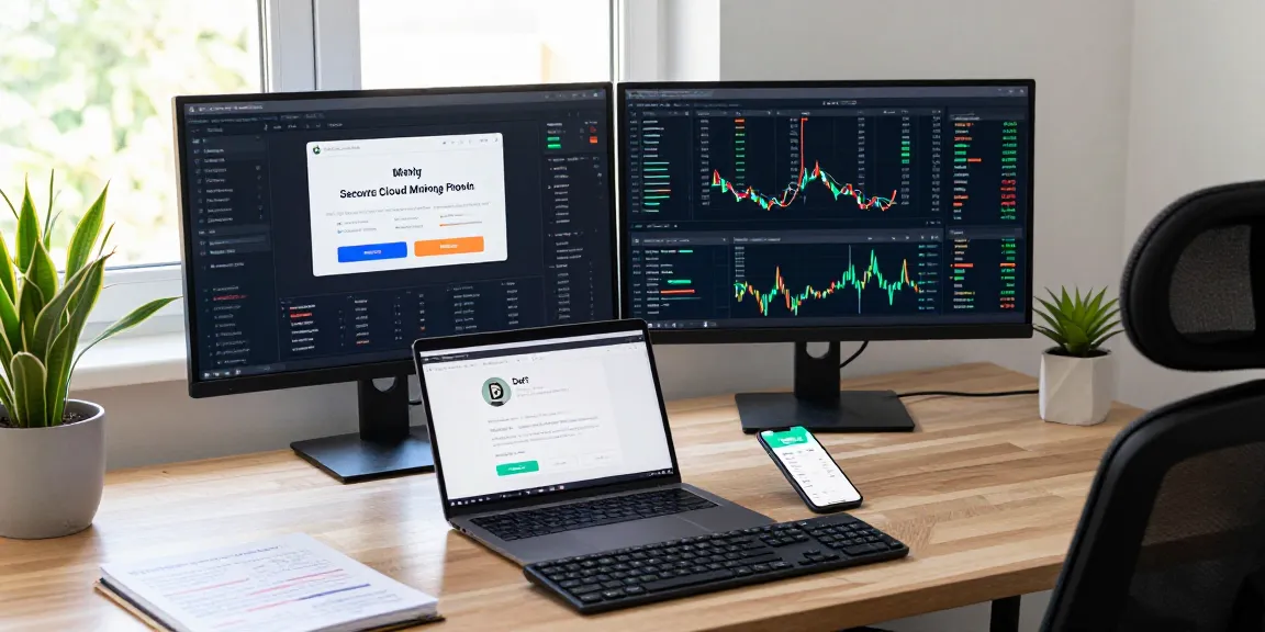 Secure cloud mining platform analytics displayed on dual monitors in a modern crypto workspace, highlighting trading strategies and wallet management.