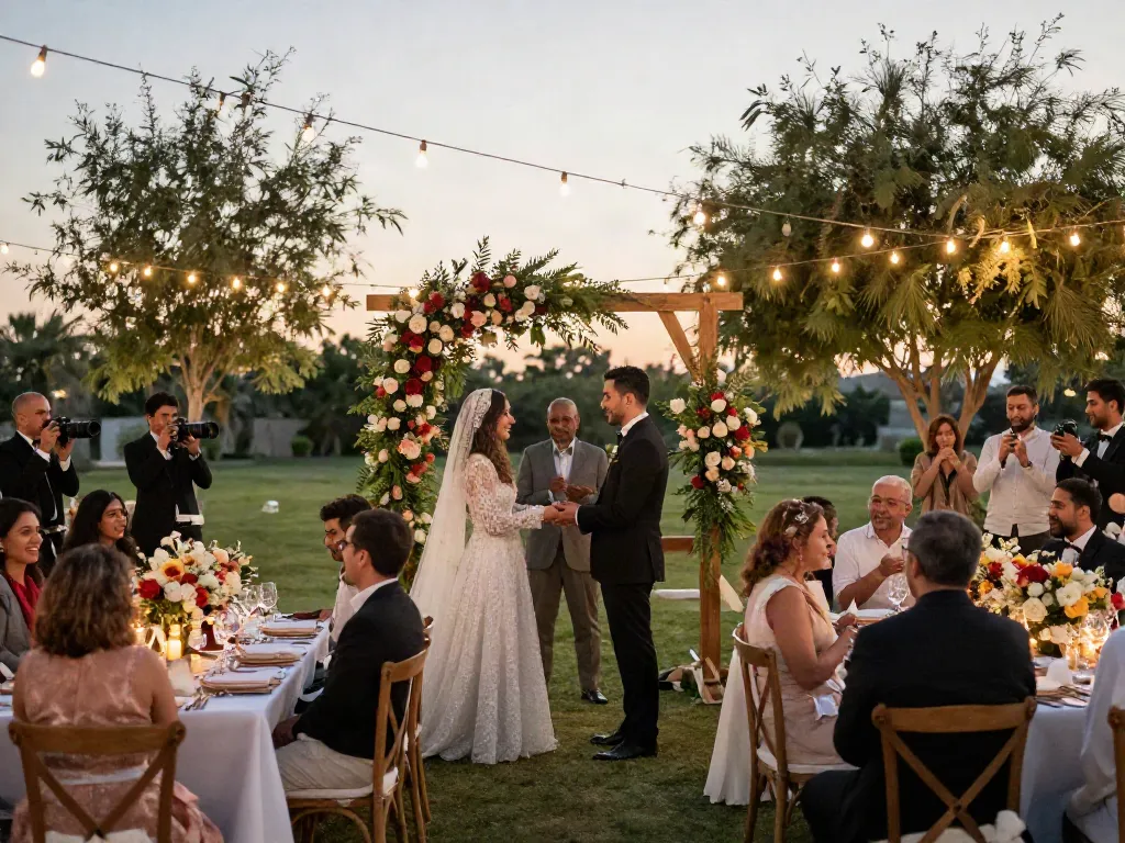 Event rental KSA featuring outdoor wedding with beautifully arranged tables and joyful couple exchanging vows.