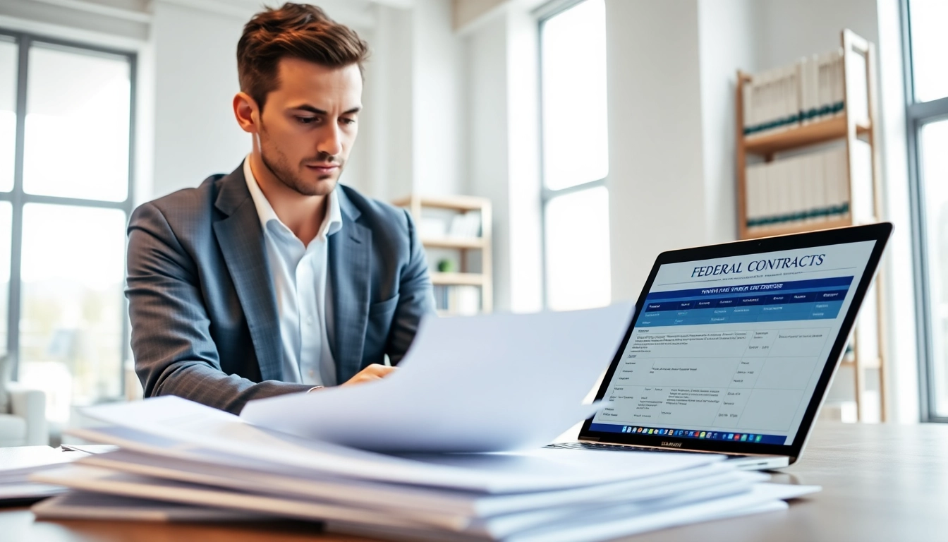 Consultant engaged in registration and certification in Federal databases for federal contracts, reviewing documents.