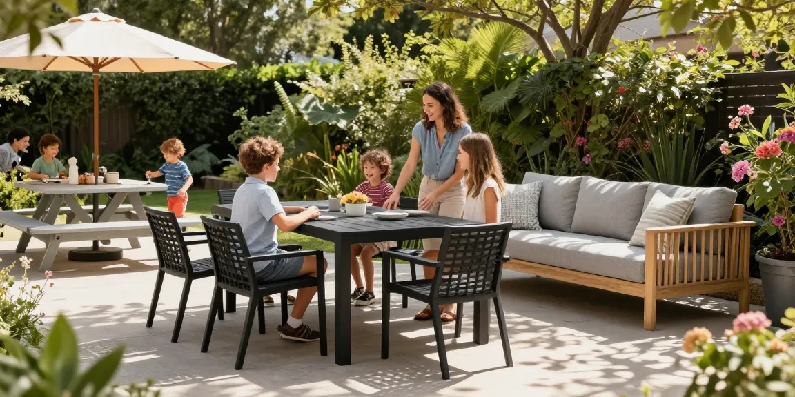Family enjoying modern patio furniture set with dining and lounge areas in a sunny outdoor setting.