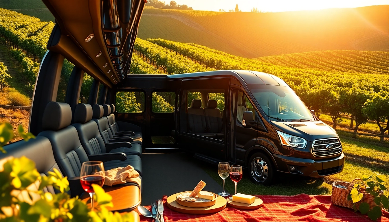 Experience a luxurious limo bus wine tour through scenic vineyards with elegant interiors.