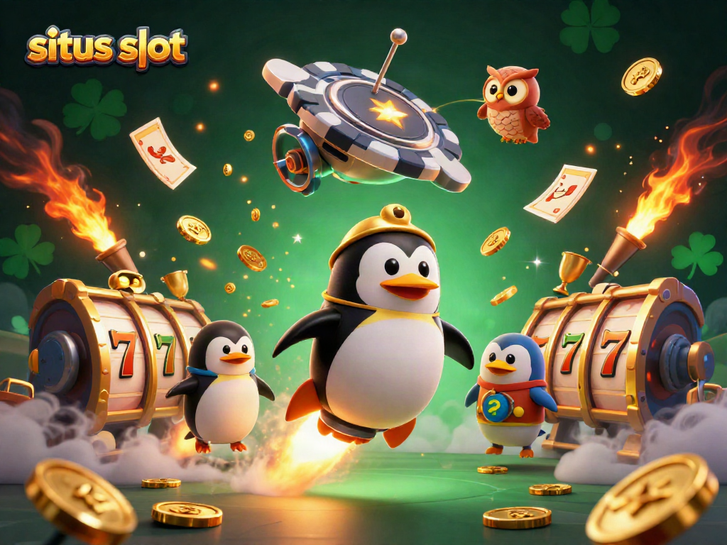 Gambar situs slot, penguin emas dengan roket menuju kasino, penuh elemen menarik.